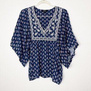 RD + Koko Womens Large Navy Blue Boho Embroidered Kimono Sleeve Blouse